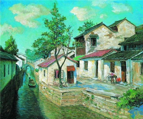 中国江南水乡油画-0072