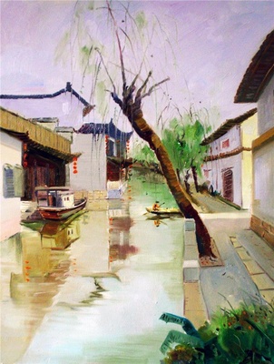 中国江南水乡油画-0064