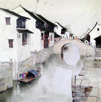 中国江南水乡油画-0055