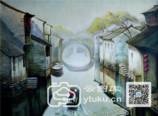 中国江南水乡油画-0041